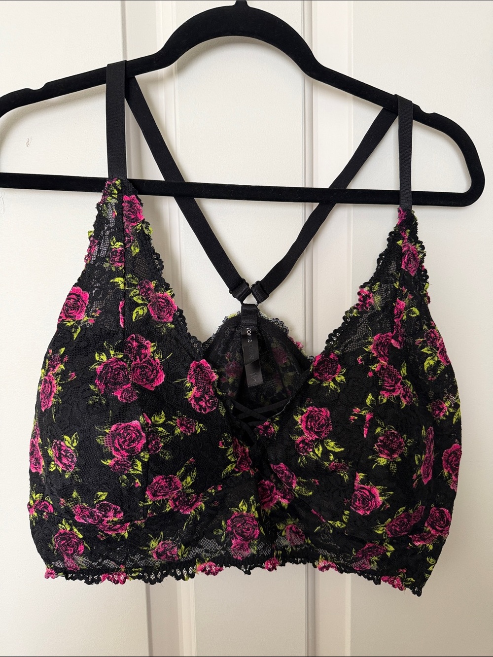 Floral Lace Bralette in Black with Fuchsia Rose Print